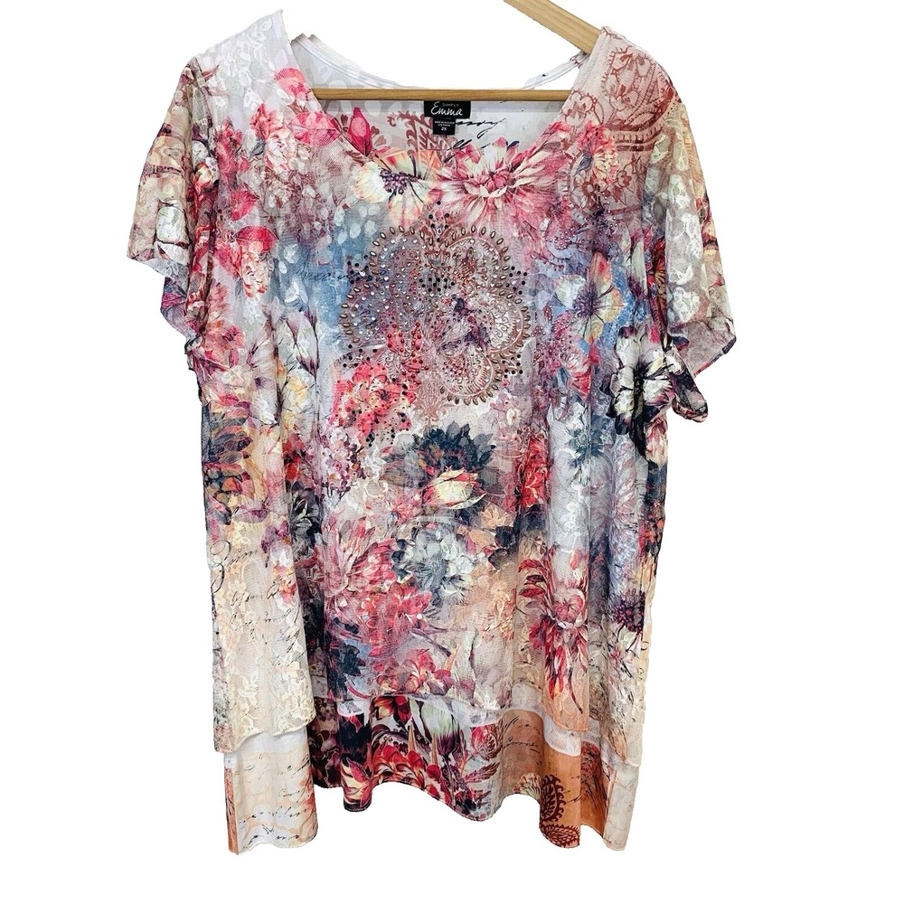 Simply Emma Top Woman 2X Lace Tiered Beaded Pink Floral Sheer Fairy Flowy Boho